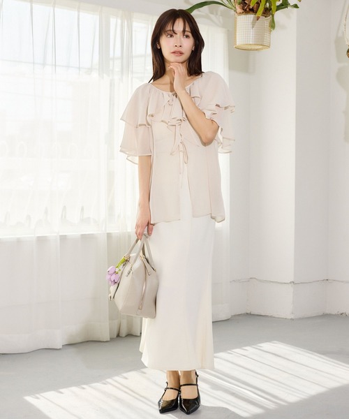 mysty woman(ミスティウーマン)の「フロントリボン楊柳フリルブラウス 666024(シャツ/ブラウス・レディース・ベージュ/ミント/アイボリー/ブラック・FREE)」の5枚目の写真