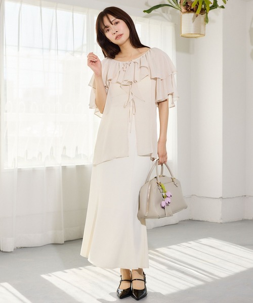 mysty woman(ミスティウーマン)の「フロントリボン楊柳フリルブラウス 666024(シャツ/ブラウス・レディース・ベージュ/ミント/アイボリー/ブラック・FREE)」の6枚目の写真