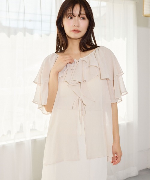 mysty woman(ミスティウーマン)の「フロントリボン楊柳フリルブラウス 666024(シャツ/ブラウス・レディース・ベージュ/ミント/アイボリー/ブラック・FREE)」の7枚目の写真