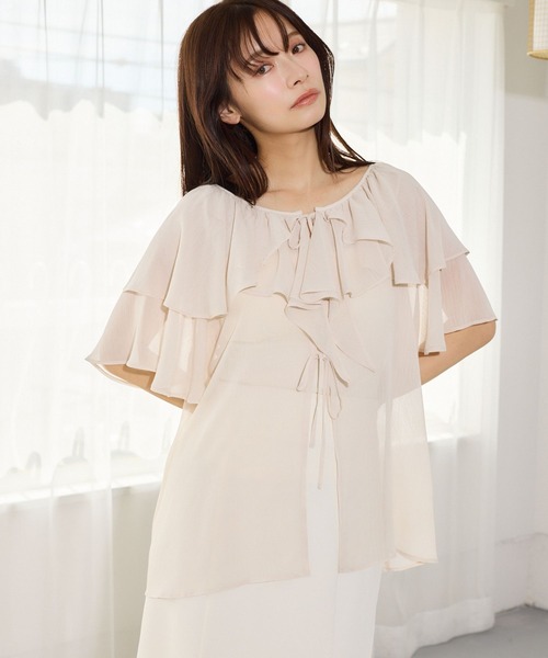 mysty woman(ミスティウーマン)の「フロントリボン楊柳フリルブラウス 666024(シャツ/ブラウス・レディース・ベージュ/ミント/アイボリー/ブラック・FREE)」の8枚目の写真
