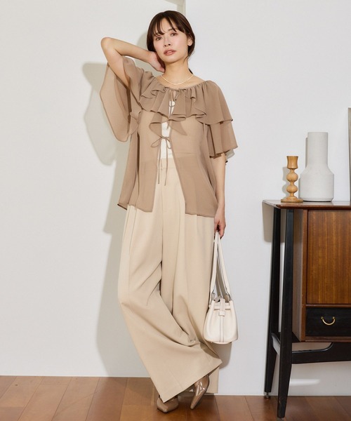 mysty woman(ミスティウーマン)の「フロントリボン楊柳フリルブラウス 666024(シャツ/ブラウス・レディース・ベージュ/ミント/アイボリー/ブラック・FREE)」の10枚目の写真