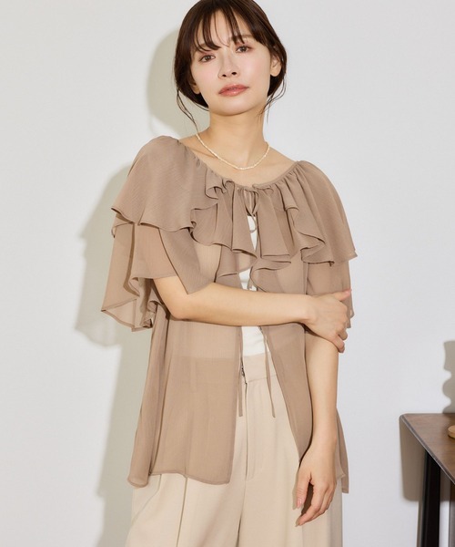 mysty woman(ミスティウーマン)の「フロントリボン楊柳フリルブラウス 666024(シャツ/ブラウス・レディース・ベージュ/ミント/アイボリー/ブラック・FREE)」の11枚目の写真
