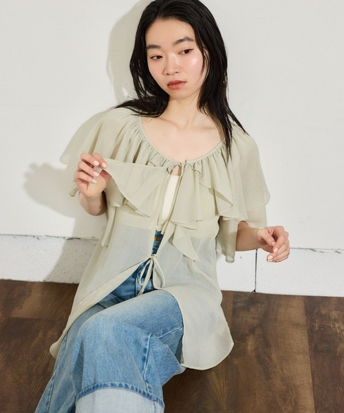 mysty woman(ミスティウーマン)の「フロントリボン楊柳フリルブラウス 666024(シャツ/ブラウス・レディース・ベージュ/ミント/アイボリー/ブラック・FREE)」の16枚目の写真
