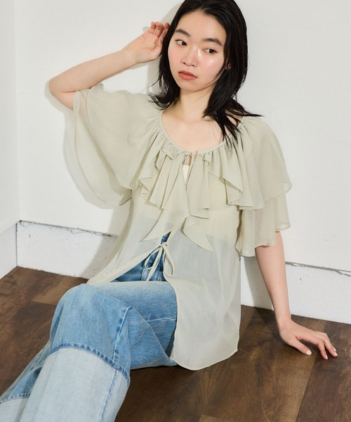 mysty woman(ミスティウーマン)の「フロントリボン楊柳フリルブラウス 666024(シャツ/ブラウス・レディース・ベージュ/ミント/アイボリー/ブラック・FREE)」の17枚目の写真