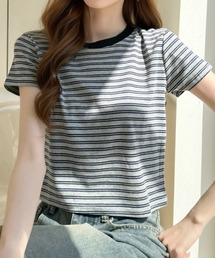 配色 ボーダーデザイン クロップド 半袖Tシャツ