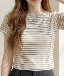 配色 ボーダーデザイン クロップド 半袖Tシャツ