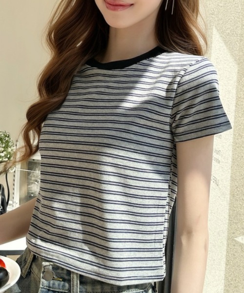 Ada.(エイダ)の「配色 ボーダーデザイン クロップド 半袖Tシャツ(Tシャツ/カットソー・レディース・グレー系その他2/グレー系その他/ブラック×ホワイト・FREE)」の6枚目の写真