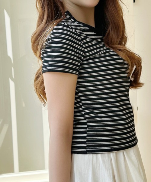 Ada.(エイダ)の「配色 ボーダーデザイン クロップド 半袖Tシャツ(Tシャツ/カットソー・レディース・グレー系その他2/グレー系その他/ブラック×ホワイト・FREE)」の12枚目の写真