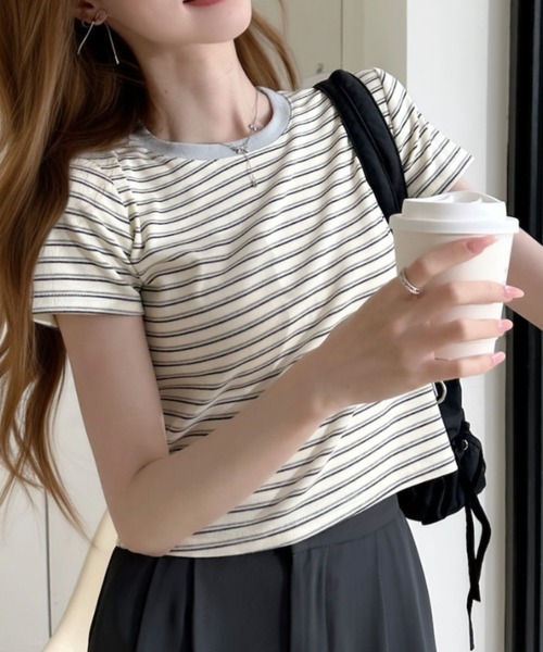 Ada.(エイダ)の「配色 ボーダーデザイン クロップド 半袖Tシャツ(Tシャツ/カットソー・レディース・グレー系その他2/グレー系その他/ブラック×ホワイト・FREE)」の16枚目の写真