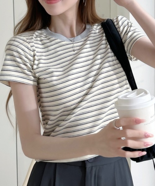 Ada.(エイダ)の「配色 ボーダーデザイン クロップド 半袖Tシャツ(Tシャツ/カットソー・レディース・グレー系その他2/グレー系その他/ブラック×ホワイト・FREE)」の17枚目の写真