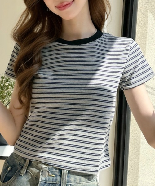 Ada.(エイダ)の「配色 ボーダーデザイン クロップド 半袖Tシャツ(Tシャツ/カットソー・レディース・グレー系その他2/グレー系その他/ブラック×ホワイト・FREE)」の20枚目の写真