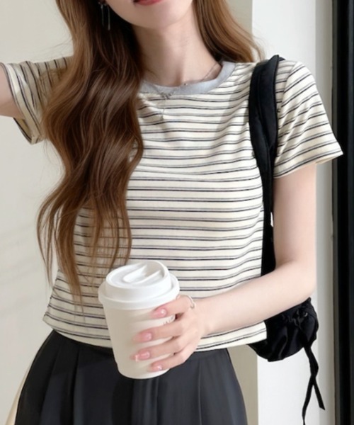 Ada.(エイダ)の「配色 ボーダーデザイン クロップド 半袖Tシャツ(Tシャツ/カットソー・レディース・グレー系その他2/グレー系その他/ブラック×ホワイト・FREE)」の22枚目の写真