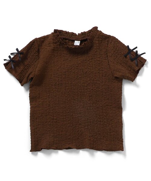 apres les cours(アプレレクール)の「ぽこぽこジャガード袖リボン半袖Tシャツ(Tシャツ/カットソー・キッズ・アイボリー/サックスブルー/ブラウン/サーモンピンク/イエロー・100/110/120/130/80/90/140)」の2枚目の写真