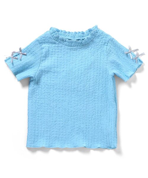 apres les cours(アプレレクール)の「ぽこぽこジャガード袖リボン半袖Tシャツ(Tシャツ/カットソー・キッズ・アイボリー/サックスブルー/ブラウン/サーモンピンク/イエロー・100/110/120/130/80/90/140)」の3枚目の写真