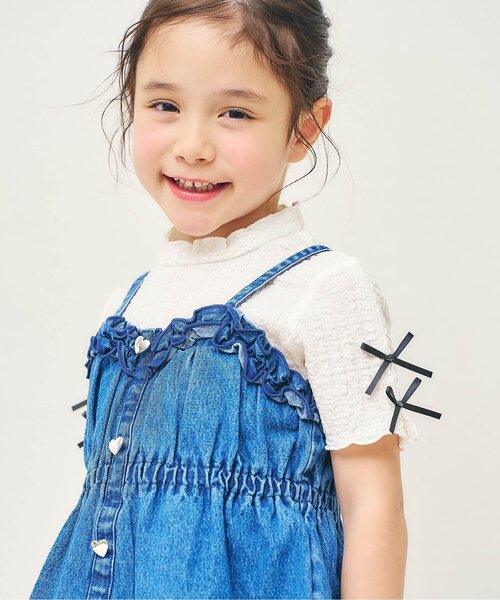 apres les cours(アプレレクール)の「ぽこぽこジャガード袖リボン半袖Tシャツ(Tシャツ/カットソー・キッズ・アイボリー/サックスブルー/ブラウン/サーモンピンク/イエロー・100/110/120/130/80/90/140)」の1枚目の写真