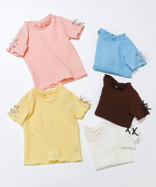 apres les cours(アプレレクール)の「ぽこぽこジャガード袖リボン半袖Tシャツ(Tシャツ/カットソー・キッズ・アイボリー/サックスブルー/ブラウン/サーモンピンク/イエロー・100/110/120/130/80/90/140)」の12枚目の写真