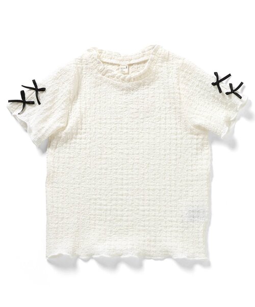 apres les cours(アプレレクール)の「ぽこぽこジャガード袖リボン半袖Tシャツ(Tシャツ/カットソー・キッズ・アイボリー/サックスブルー/ブラウン/サーモンピンク/イエロー・100/110/120/130/80/90/140)」の14枚目の写真