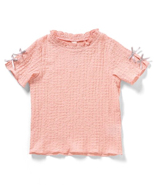 apres les cours(アプレレクール)の「ぽこぽこジャガード袖リボン半袖Tシャツ(Tシャツ/カットソー・キッズ・アイボリー/サックスブルー/ブラウン/サーモンピンク/イエロー・100/110/120/130/80/90/140)」の15枚目の写真