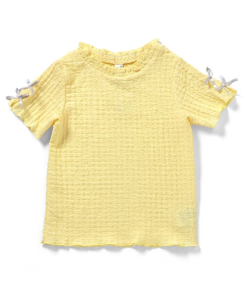 apres les cours(アプレレクール)の「ぽこぽこジャガード袖リボン半袖Tシャツ(Tシャツ/カットソー・キッズ・アイボリー/サックスブルー/ブラウン/サーモンピンク/イエロー・100/110/120/130/80/90/140)」の16枚目の写真