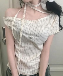 チョーカー付 ドットオフショルTシャツ