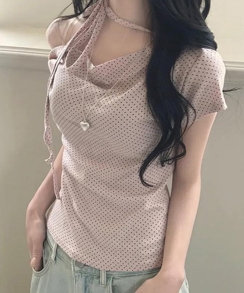 lulufa(ルルファ)の「チョーカー付 ドットオフショルTシャツ(Tシャツ/カットソー・レディース・ブラック/ピンク/ホワイト・LARGE/MEDIUM)」の7枚目の写真