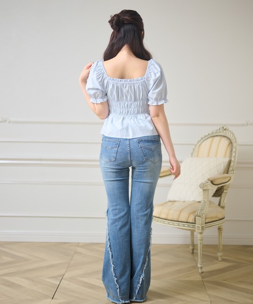 Anely(アネリー)の「フロント リボン コンパクト パフスリーブ トップス(Tシャツ/カットソー・レディース・ブルー/ホワイト・FREE)」の8枚目の写真