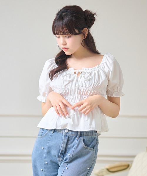 Anely(アネリー)の「フロント リボン コンパクト パフスリーブ トップス(Tシャツ/カットソー・レディース・ブルー/ホワイト・FREE)」の9枚目の写真