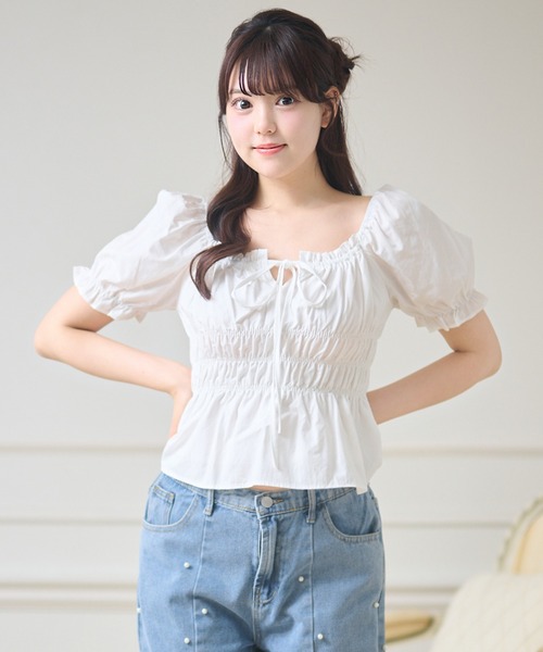 Anely(アネリー)の「フロント リボン コンパクト パフスリーブ トップス(Tシャツ/カットソー・レディース・ブルー/ホワイト・FREE)」の10枚目の写真