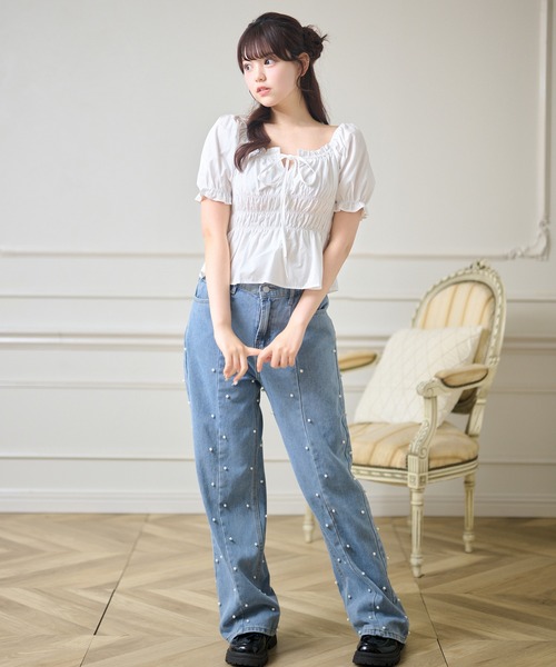 Anely(アネリー)の「フロント リボン コンパクト パフスリーブ トップス(Tシャツ/カットソー・レディース・ブルー/ホワイト・FREE)」の11枚目の写真