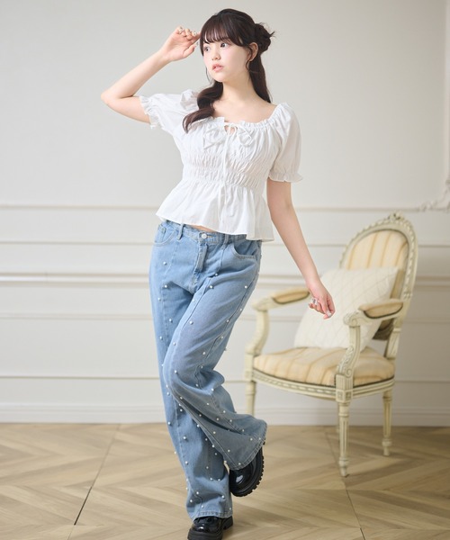 Anely(アネリー)の「フロント リボン コンパクト パフスリーブ トップス(Tシャツ/カットソー・レディース・ブルー/ホワイト・FREE)」の13枚目の写真
