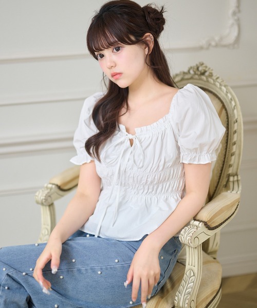 Anely(アネリー)の「フロント リボン コンパクト パフスリーブ トップス(Tシャツ/カットソー・レディース・ブルー/ホワイト・FREE)」の14枚目の写真