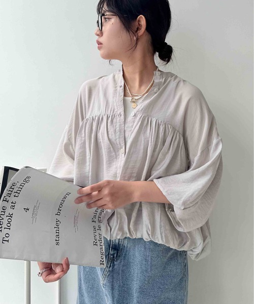 AS KNOW AS plus（アズノゥアズプラス）の「〇バルーンシルエット 5分袖バンドカラーブラウス（シャツ/ブラウス・レディース・ブラック/ライトベージュ/ホワイト系その他・FREE）」の3枚目の写真