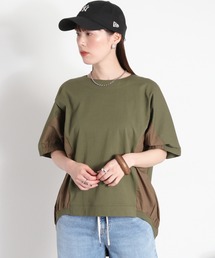 e.r.g*（イーアールジー）の「〈さらっと涼しい、シルキータッチ♪〉シルケットコットン 布帛切り替えショートスリーブTee（Tシャツ/カットソー）」