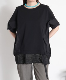 e.r.g*（イーアールジー）の「〈さらっと涼しい、シルキータッチ♪〉シルケットコットン 布帛切り替えショートスリーブTee（Tシャツ/カットソー）」