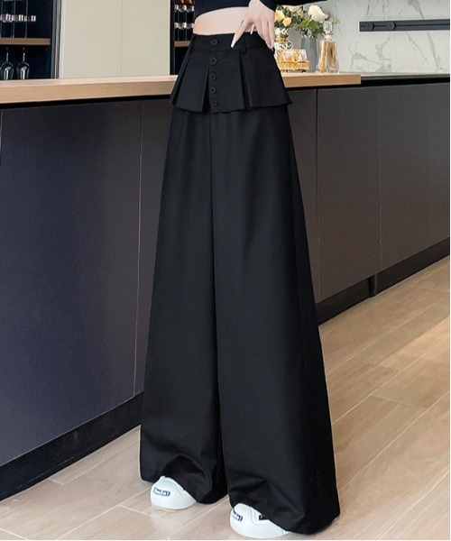 UNDERCOVER ブラック スラックス フロントプリーツスカート付き 切りっぱなしラッププリーツスカート付きスラックス（スラックス