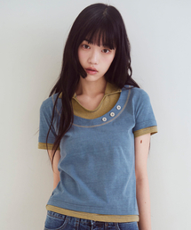 OAFISH（オアフィッシュ）の「Stripe Layered Collar T-Shirts, Navy（Tシャツ/カットソー）」