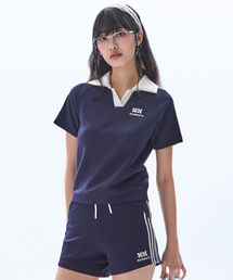 RAIMENT（レイメント）の「(W) ウィメンズトラックラインカラークロップTシャツ_ネイビー（ポロシャツ）」