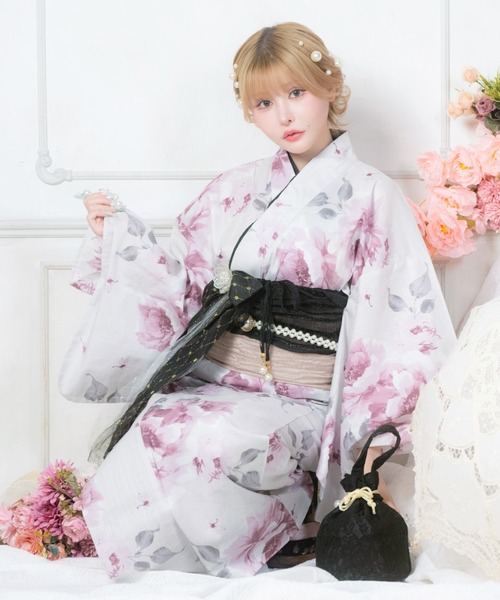 浴衣セット レディース ホワイト グラデーション 牡丹 ガーリー ゆかた