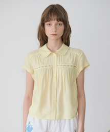 Rose Lace Shirring Roll-Up Blouse (Yellow)