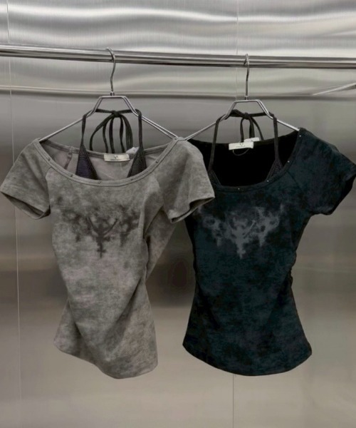 Never mind the XU / Chikashitsu+（ネバーマインド ザ エックスユー / チカシツプラス）の「【nmtc+】Ink Layered Halter Neck Tee / 【エヌエムティーシープラス】インクレイヤードホルターネック半袖Tシャツ（Tシャツ/カットソー・レディース・チャコール/ブラック/ホワイト・ONE SIZE）」の21枚目の写真