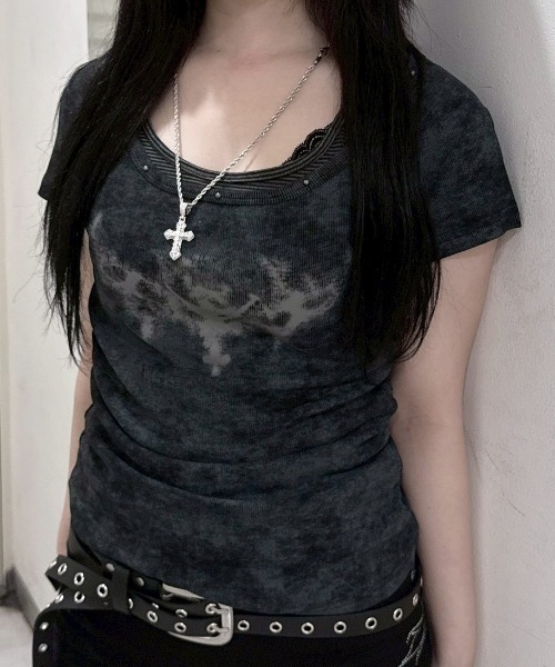 Never mind the XU / Chikashitsu+（ネバーマインド ザ エックスユー / チカシツプラス）の「【nmtc+】Ink Layered Halter Neck Tee / 【エヌエムティーシープラス】インクレイヤードホルターネック半袖Tシャツ（Tシャツ/カットソー・レディース・チャコール/ブラック/ホワイト・ONE SIZE）」の20枚目の写真