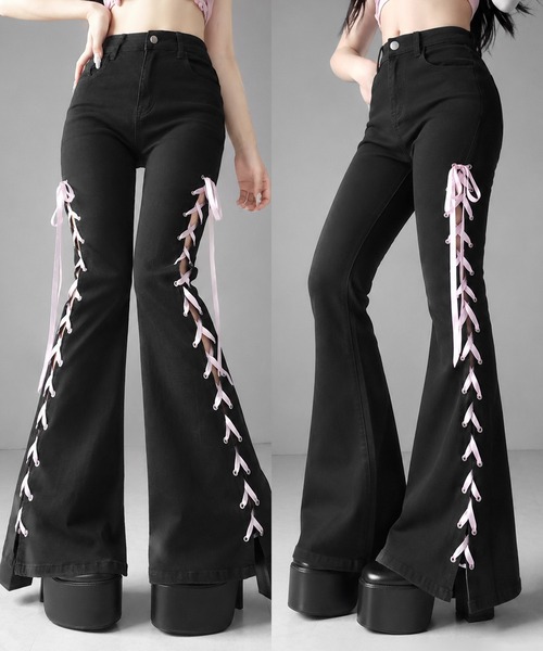 2color／4size 】サテンリボンレースアップカットアウトストレッチ