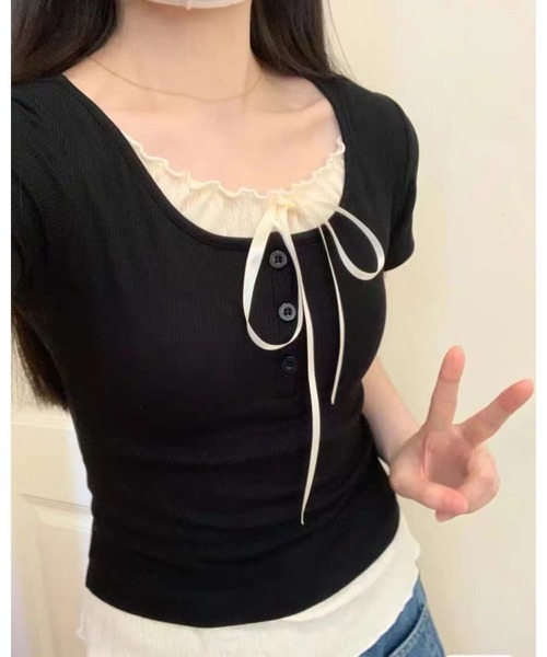 CHEER(チアー)の「リボンインナー付きヘンリーネックリブミニ丈トップス(Tシャツ/カットソー・レディース・ブルー/ピンク/ブラック/グレー・S)」の21枚目の写真