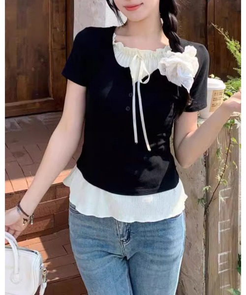 CHEER(チアー)の「リボンインナー付きヘンリーネックリブミニ丈トップス(Tシャツ/カットソー・レディース・ブルー/ピンク/ブラック/グレー・S)」の18枚目の写真