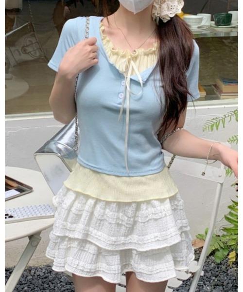 CHEER(チアー)の「リボンインナー付きヘンリーネックリブミニ丈トップス(Tシャツ/カットソー・レディース・ブルー/ピンク/ブラック/グレー・S)」の8枚目の写真