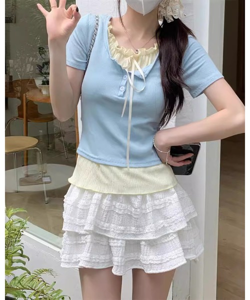 CHEER(チアー)の「リボンインナー付きヘンリーネックリブミニ丈トップス(Tシャツ/カットソー・レディース・ブルー/ピンク/ブラック/グレー・S)」の9枚目の写真