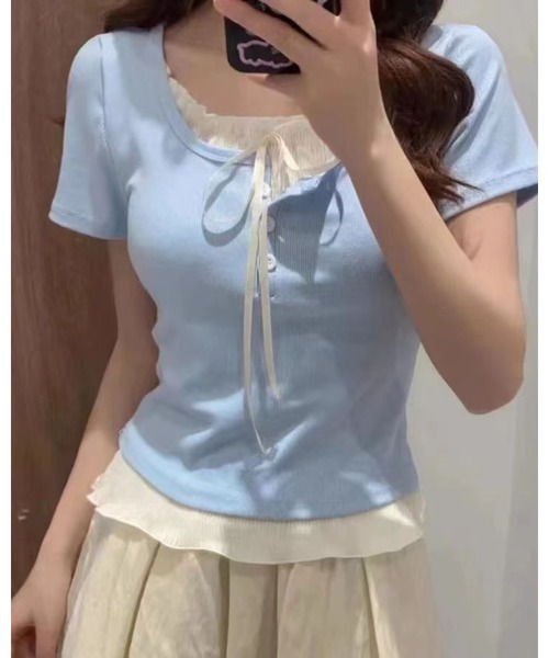 CHEER(チアー)の「リボンインナー付きヘンリーネックリブミニ丈トップス(Tシャツ/カットソー・レディース・ブルー/ピンク/ブラック/グレー・S)」の7枚目の写真