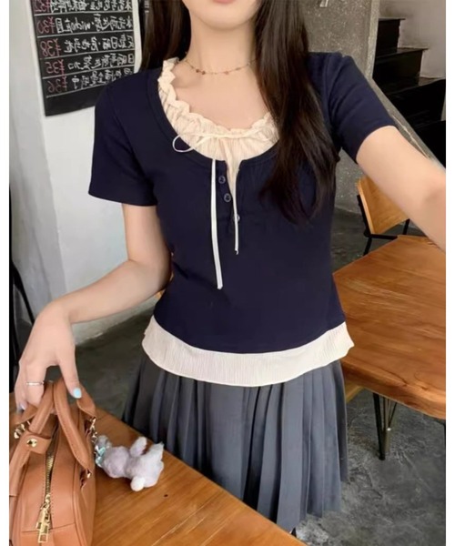 CHEER(チアー)の「リボンインナー付きヘンリーネックリブミニ丈トップス(Tシャツ/カットソー・レディース・ブルー/ピンク/ブラック/グレー・S)」の20枚目の写真