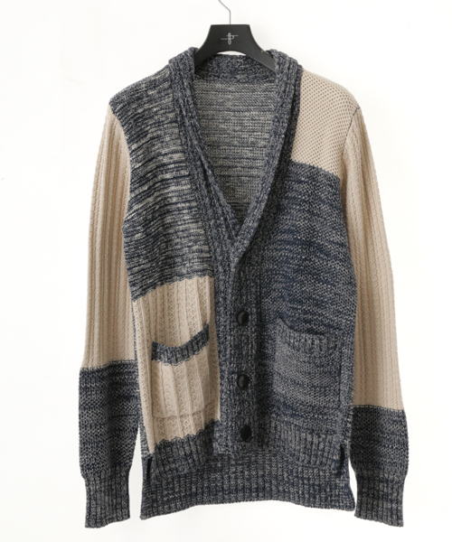 NO ID.(ノーアイディ)の「mcg1797-CニットランダムパターンV/Nカーディガン(カーディガン/ボレロ・メンズ・ブラック/ブルー・2/1)」の2枚目の写真