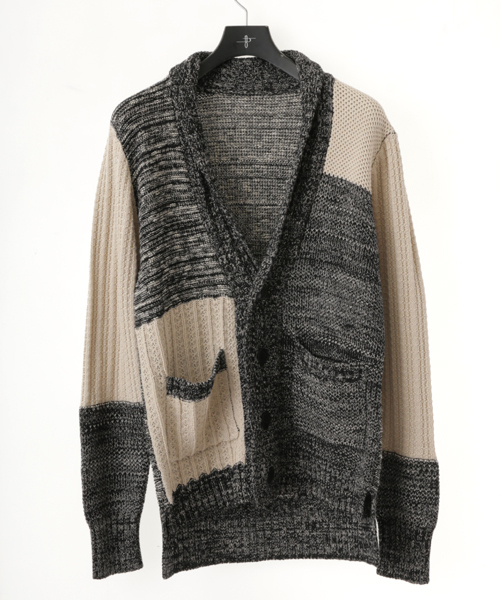 NO ID.(ノーアイディ)の「mcg1797-CニットランダムパターンV/Nカーディガン(カーディガン/ボレロ・メンズ・ブラック/ブルー・2/1)」の1枚目の写真